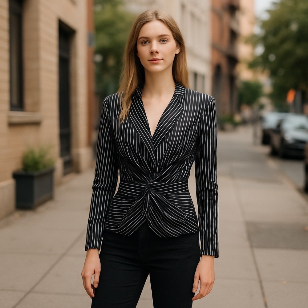 #18 Chic Black and Cream Pinstripe Blouse Size 4